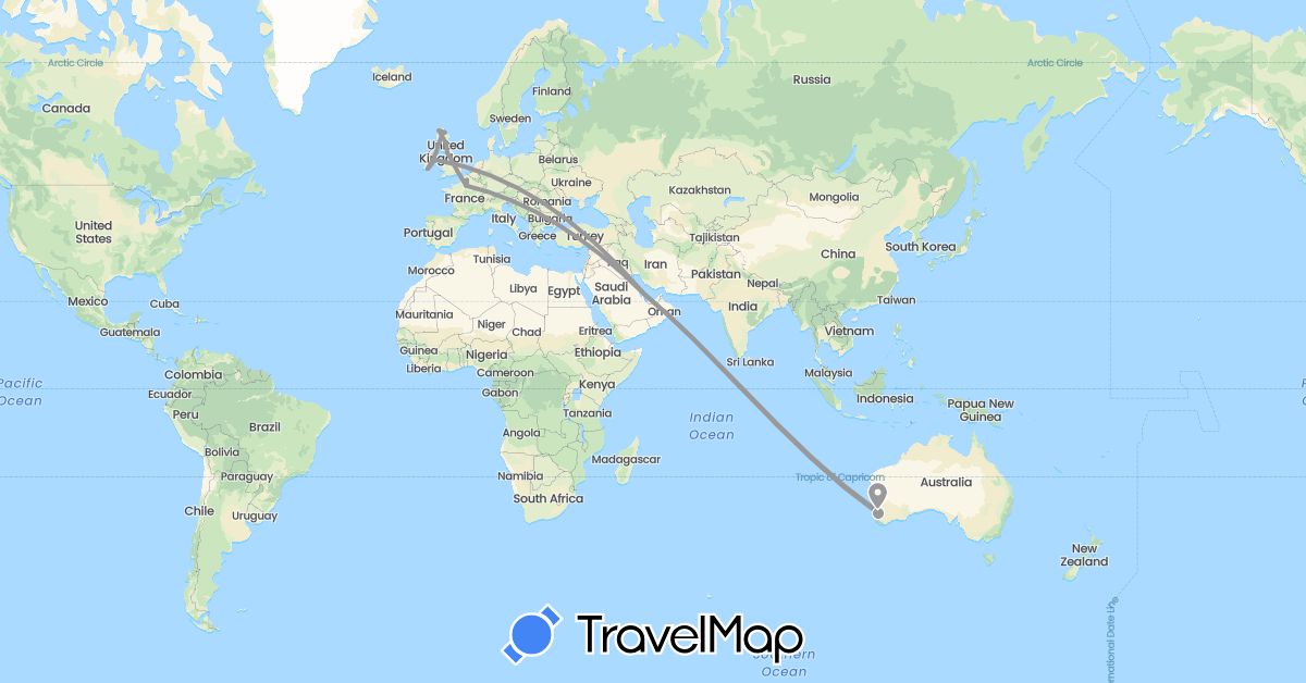 TravelMap itinerary: driving, plane in Australia, France, United Kingdom, Ireland, Qatar (Asia, Europe, Oceania)